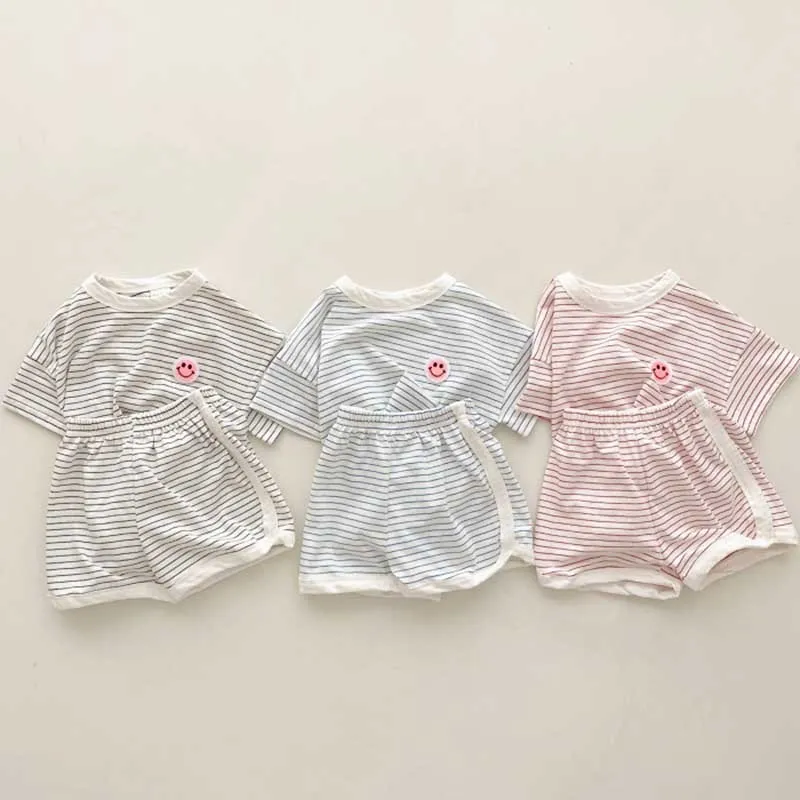 Kids Baby Boys Girls Casual Cute Smiley Stripe Print Cotton Short Sleeve Pullover Top and Shorts Set