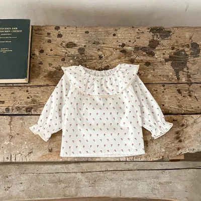 Kids Baby Girls Casual Cute Tiny Flower Print Long Sleeve Peter Pan Collar Top Denim Shorts Set