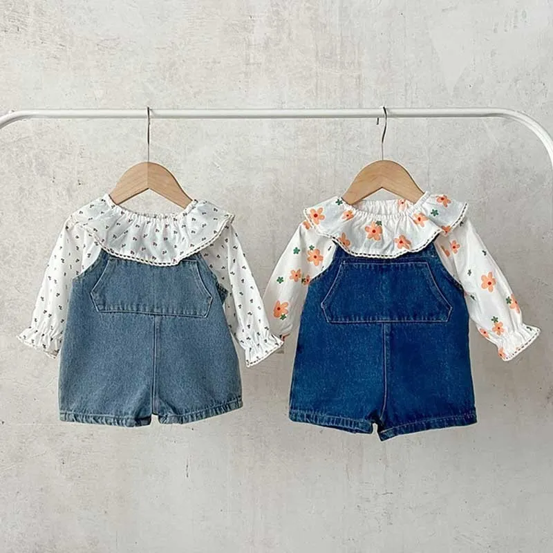 Kids Baby Girls Casual Cute Tiny Flower Print Long Sleeve Peter Pan Collar Top Denim Shorts Set