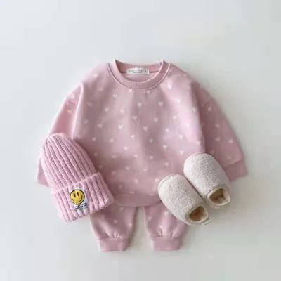 Kids Baby Girls Autumn  Winter Casual Cute Heart-Shaped Print Long Sleeve Round Neck Sweatshirts Trousers Set