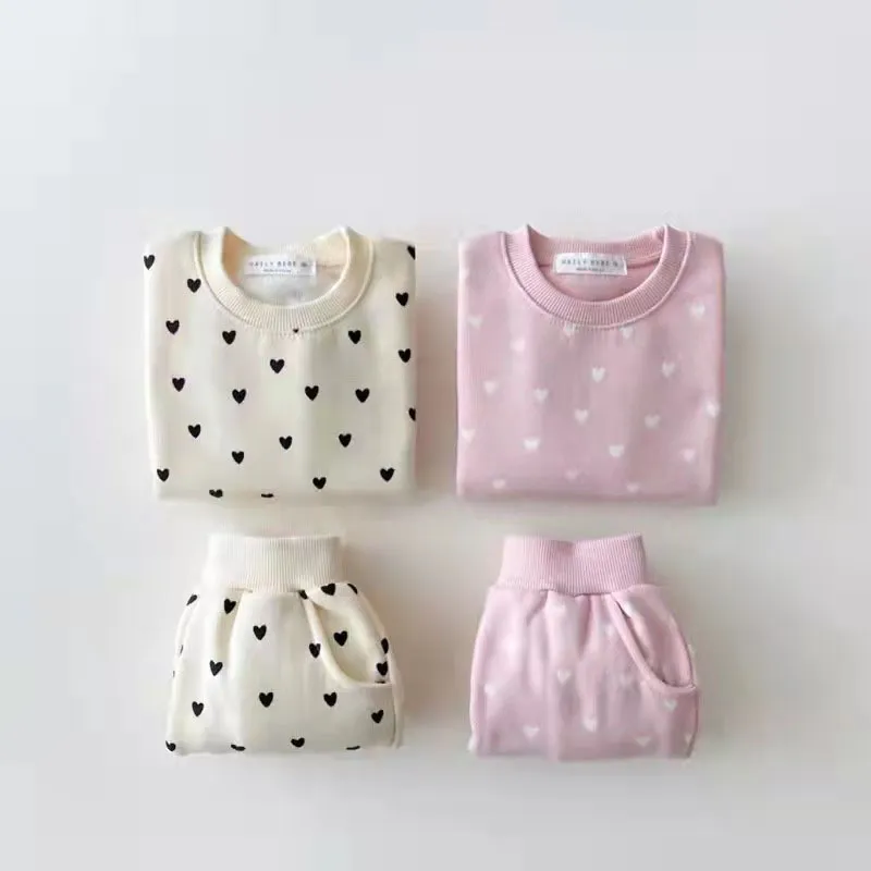 Kids Baby Girls Autumn  Winter Casual Cute Heart-Shaped Print Long Sleeve Round Neck Sweatshirts Trousers Set