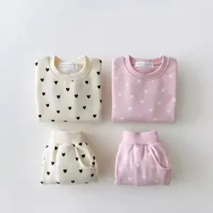 Kids Baby Girls Autumn  Winter Casual Cute Heart-Shaped Print Long Sleeve Round Neck Sweatshirts Trousers Set