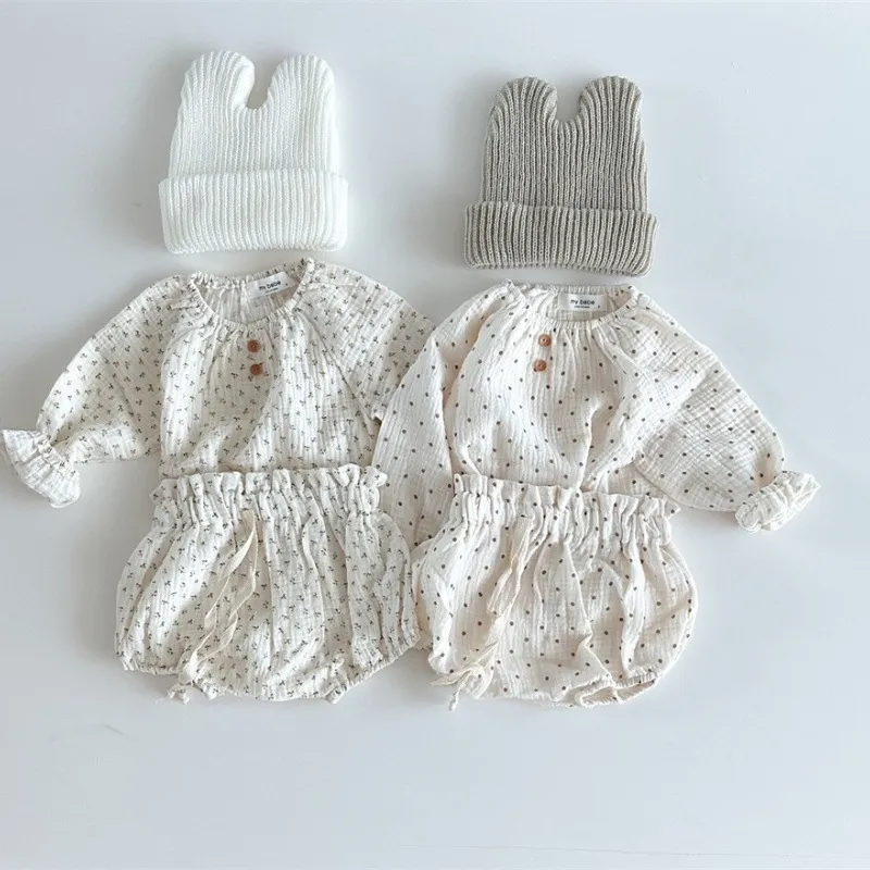 Kids Baby Girls Casual Cute Polka Dot Tiny Flower Print Long Sleeve Round Neck Top Shorts Set