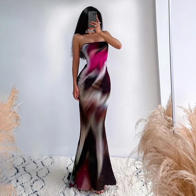 Women Fashion Sexy Printed Strapless Maxi Dress