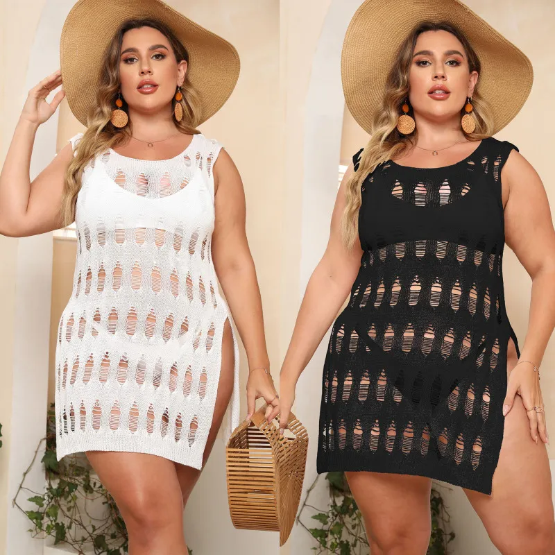 Women Plus Size Sexy Hollow Knit Sleeveless Split Bikini Cover-Ups