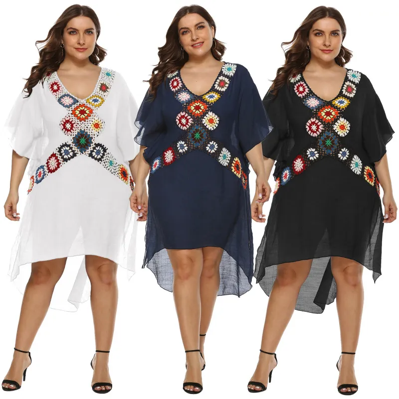 Women Plus Size V-Neck Multicolor Crochet Split Bikini Cover-Ups