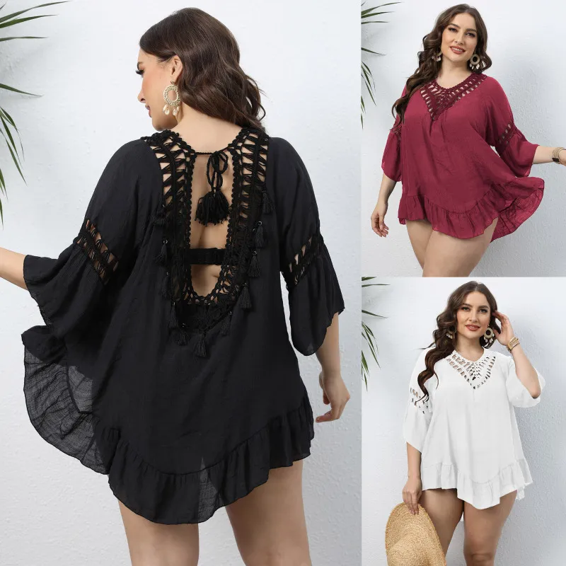 Women Plus Size Crochet Backless Ruffled Beach Swimsuit Cover-Ups