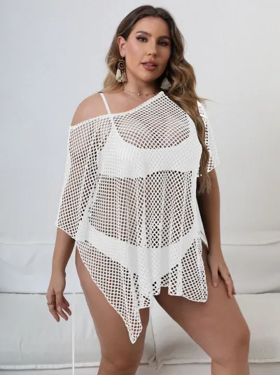 Women Plus Size Grid See-Through Swimsuit Cover-Up Fresh Sweet