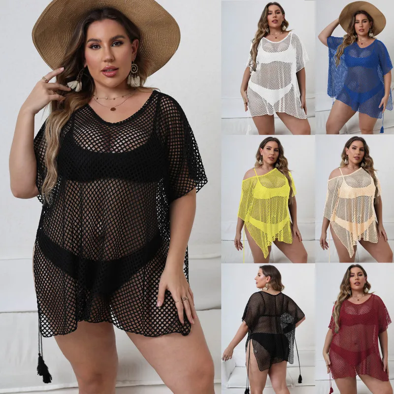 Women Plus Size Grid See-Through Swimsuit Cover-Up Fresh Sweet