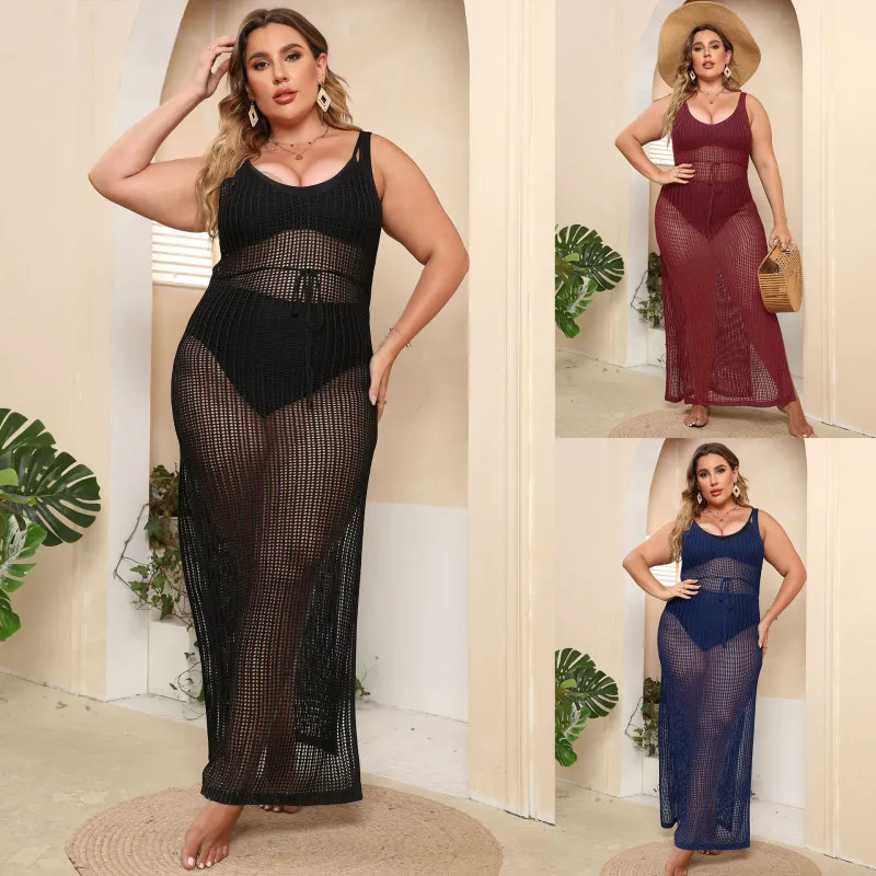 Women Fashion Sexy Plus Size Hollow Perspective Sleeveless Split Swimsuit Cover-Ups