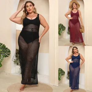 Women Fashion Sexy Plus Size Hollow Perspective Sleeveless Split Swimsuit Cover-Ups