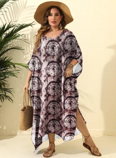 Women Plus Size Swirl Fireworks Print Loose Irregular Swimwear Cover-Up