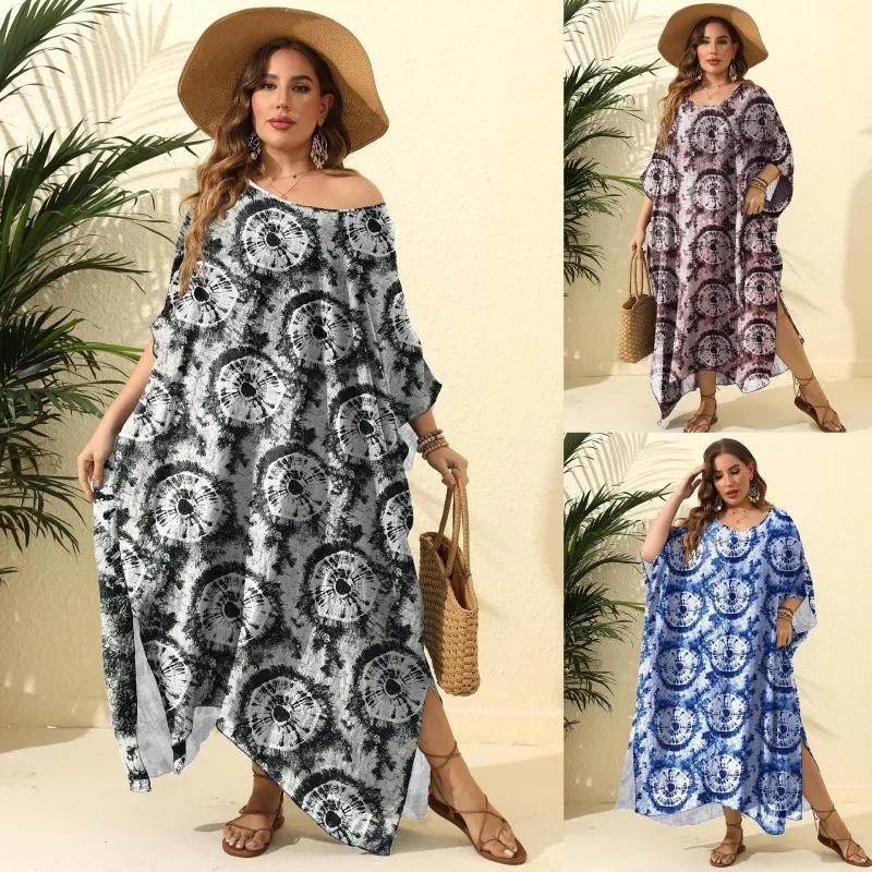 Women Plus Size Swirl Fireworks Print Loose Irregular Swimwear Cover-Up