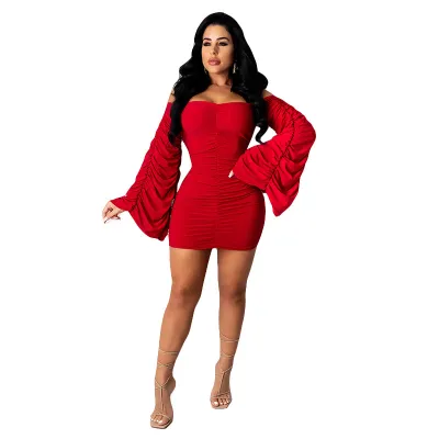 Women Fashion Sexy Off Shoulder Creased Sheath Dress