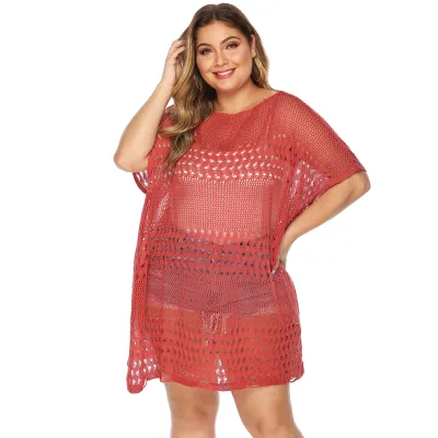 Women Plus Size Knitted Hollow-Out See-Through Swimsuit Cover-Ups Japanese Korean Leisure Style
