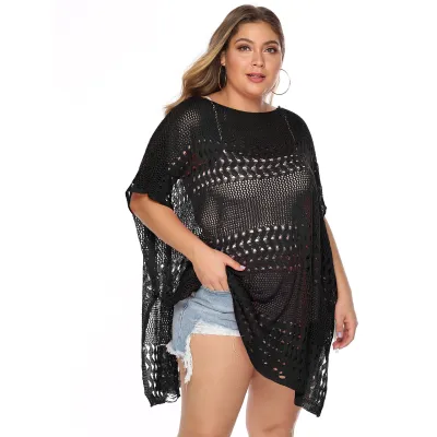 Women Plus Size Knitted Hollow-Out See-Through Swimsuit Cover-Ups Japanese Korean Leisure Style