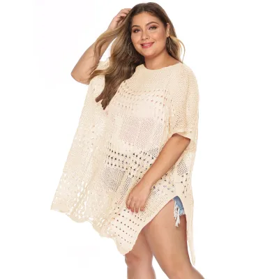 Women Plus Size Knitted Hollow-Out See-Through Swimsuit Cover-Ups Japanese Korean Leisure Style