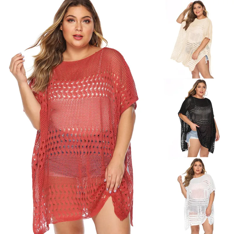 Women Plus Size Knitted Hollow-Out See-Through Swimsuit Cover-Ups Japanese Korean Leisure Style