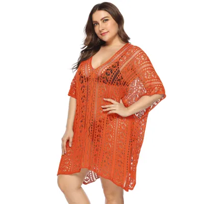 Women Sexy Plus Size V-Neck Hollow-Out Batwing Sleeve Irregular Split Swimsuit Cover-Ups