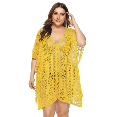 Women Sexy Plus Size V-Neck Hollow-Out Batwing Sleeve Irregular Split Swimsuit Cover-Ups