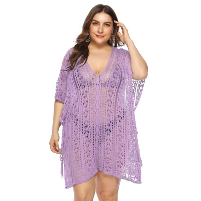 Women Sexy Plus Size V-Neck Hollow-Out Batwing Sleeve Irregular Split Swimsuit Cover-Ups
