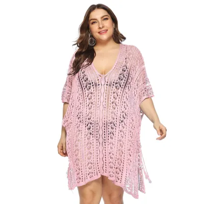 Women Sexy Plus Size V-Neck Hollow-Out Batwing Sleeve Irregular Split Swimsuit Cover-Ups
