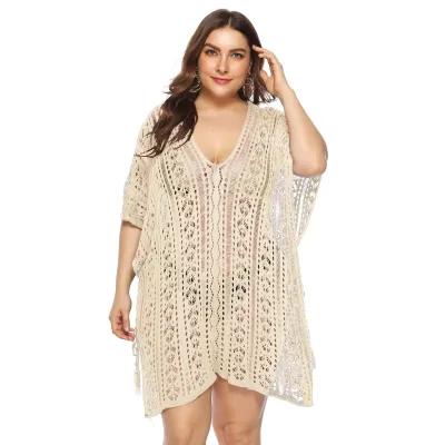 Women Sexy Plus Size V-Neck Hollow-Out Batwing Sleeve Irregular Split Swimsuit Cover-Ups