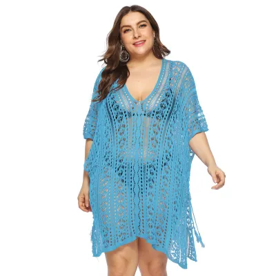 Women Sexy Plus Size V-Neck Hollow-Out Batwing Sleeve Irregular Split Swimsuit Cover-Ups