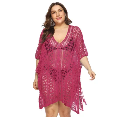 Women Sexy Plus Size V-Neck Hollow-Out Batwing Sleeve Irregular Split Swimsuit Cover-Ups