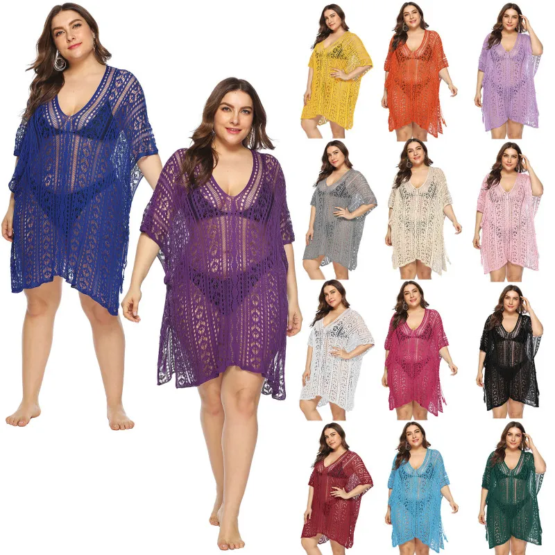 Women Sexy Plus Size V-Neck Hollow-Out Batwing Sleeve Irregular Split Swimsuit Cover-Ups