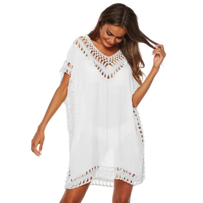 Women Plus Size Solid Color V-Neck Bat Sleeve Cover-Up Swimsuit