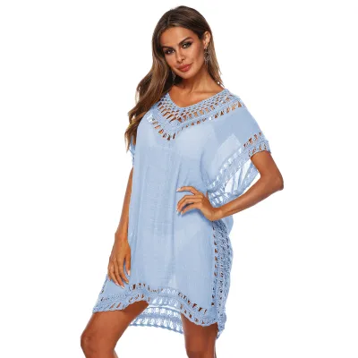 Women Plus Size Solid Color V-Neck Bat Sleeve Cover-Up Swimsuit