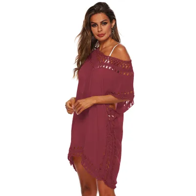 Women Plus Size Solid Color V-Neck Bat Sleeve Cover-Up Swimsuit