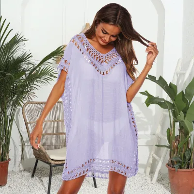 Women Plus Size Solid Color V-Neck Bat Sleeve Cover-Up Swimsuit