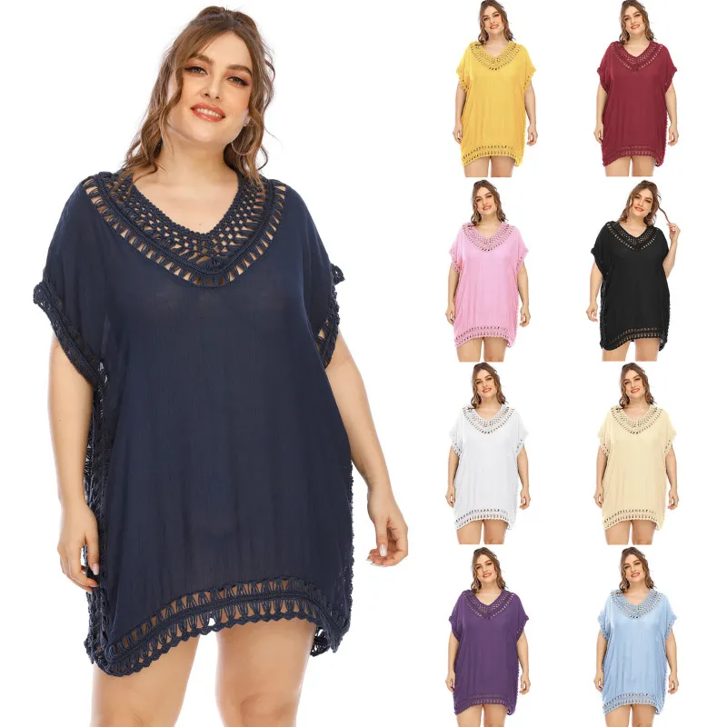 Women Plus Size Solid Color V-Neck Bat Sleeve Cover-Up Swimsuit