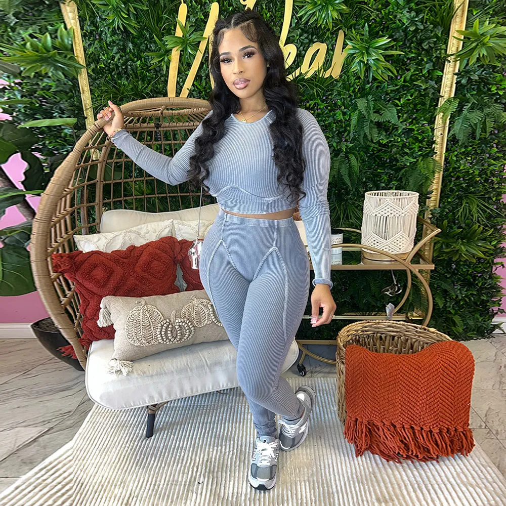 Women Fashion Tight Sexy Pit Long Sleeve Top Tight Pants Two-Piece Set