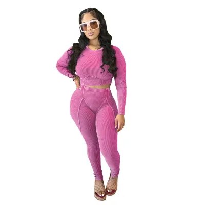 Women Fashion Tight Sexy Pit Long Sleeve Top Tight Pants Two-Piece Set