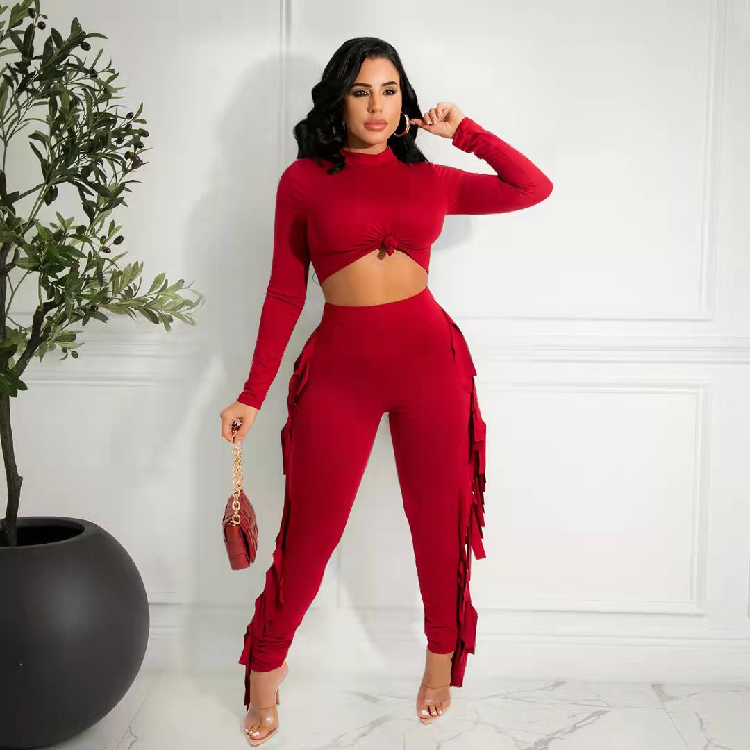 Wholesale S-XL Women Athleisure Basic Office Solid Color Long Sleeve Crop  Top And Tassel Pants Set