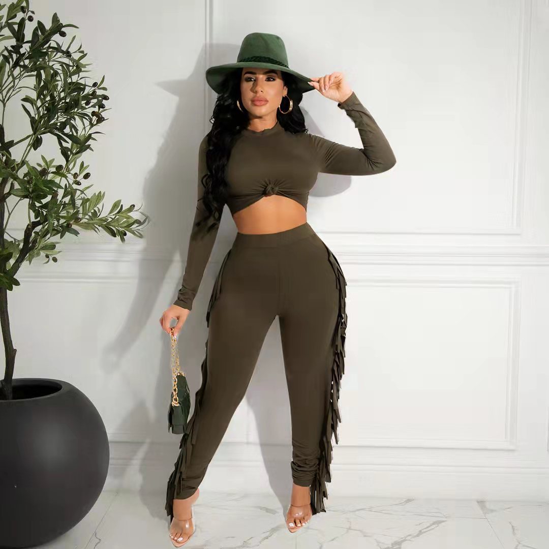 Wholesale S-XL Women Athleisure Basic Office Solid Color Long Sleeve Crop  Top And Tassel Pants Set