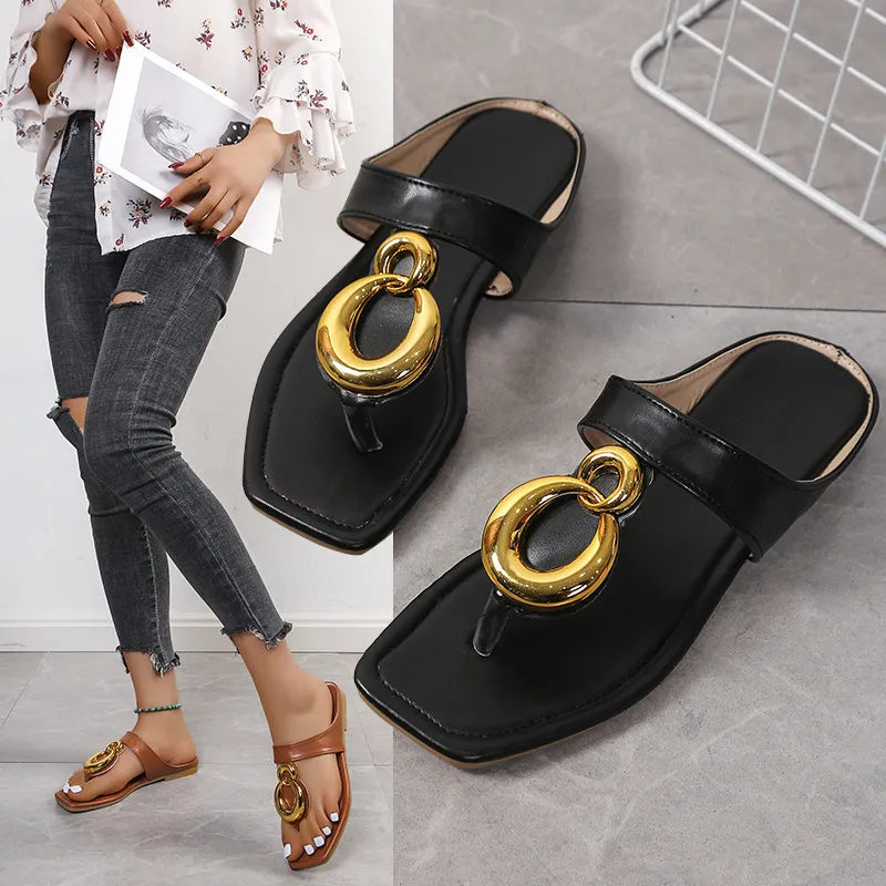 Women's Plus Size Casual Flat Slippers with Metal Square Toe