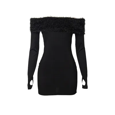 Women Sexy Solid Color Off Shoulder Plush Long Sleeve Mini Dress