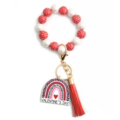 Valentine Day Women Fashion Silicone Heart-Shaped Tassel Pendant Beaded Bracelet