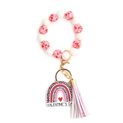 Valentine Day Women Fashion Silicone Heart-Shaped Tassel Pendant Beaded Bracelet