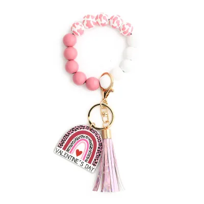 Valentine Day Women Fashion Silicone Heart-Shaped Tassel Pendant Beaded Bracelet