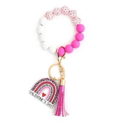 Valentine Day Women Fashion Silicone Heart-Shaped Tassel Pendant Beaded Bracelet