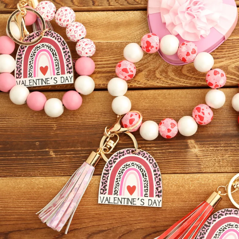 Valentine Day Women Fashion Silicone Heart-Shaped Tassel Pendant Beaded Bracelet