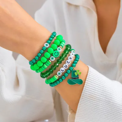 St. Patrick Day Women Fashion Simple Clover Letter Beaded Bracelet Set Party Festivals