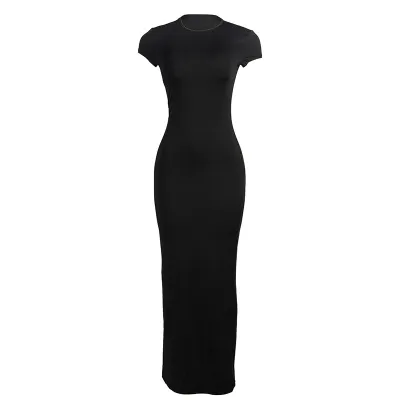 Women Fashion Solid Color Round Neck Short Sleeve Maxi Dress