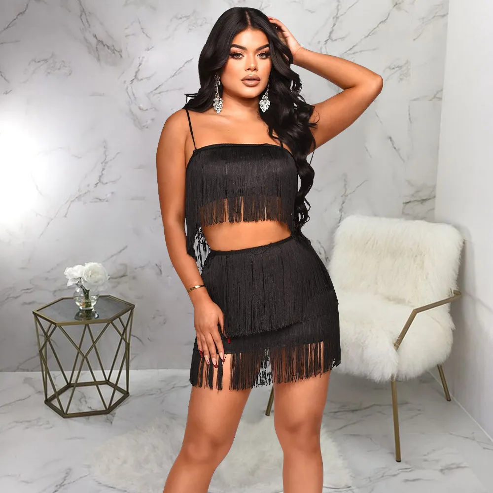 Women Fashion Sexy Strap Tassel Top Skirt Two-Piece Set