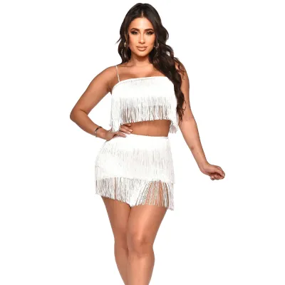 Women Fashion Sexy Strap Tassel Top Skirt Two-Piece Set